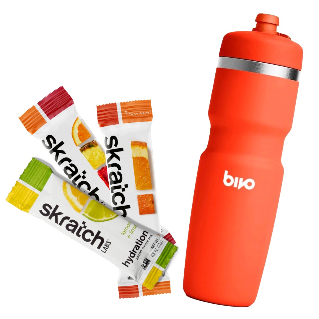 bivo water bottle and skratch hydration packets