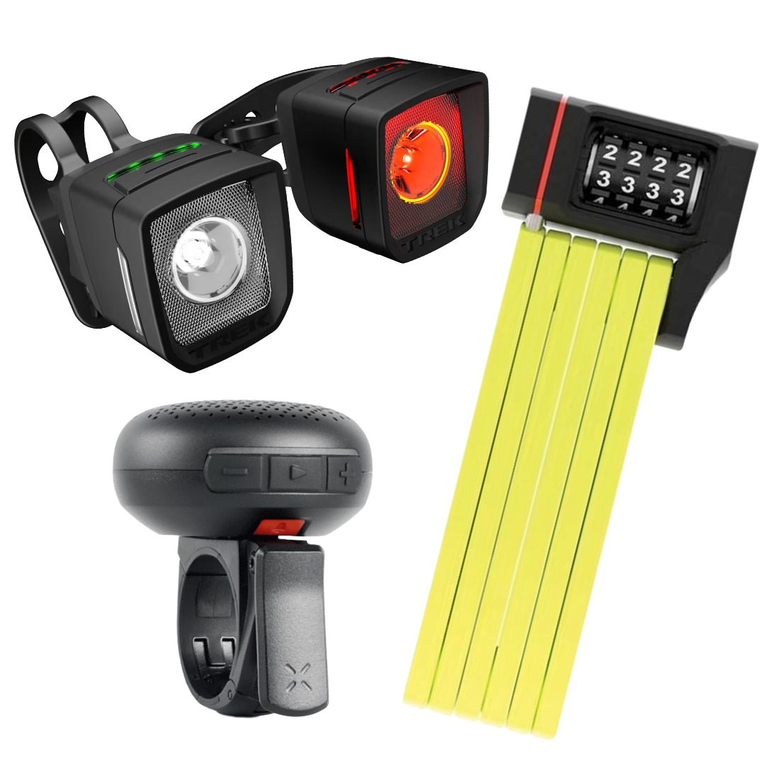 cycling lock, cycling lights, and a sweet blutooth speaker bell