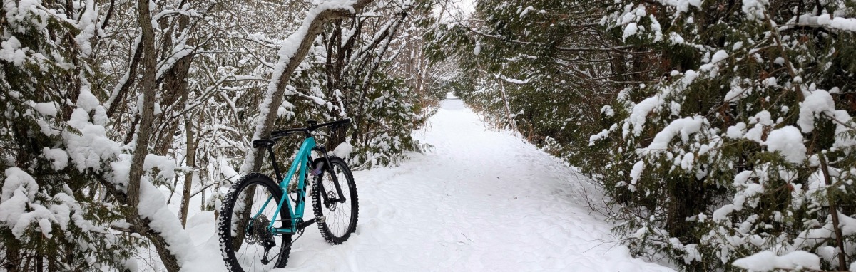 Riding a Fat Bike during the winter at the Smith Loop Property trails in Guelph, Ontario