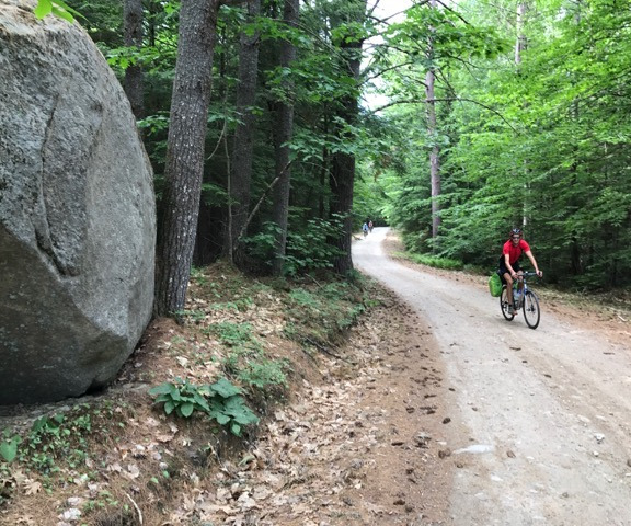 Riding gravel in Bear Brook state park