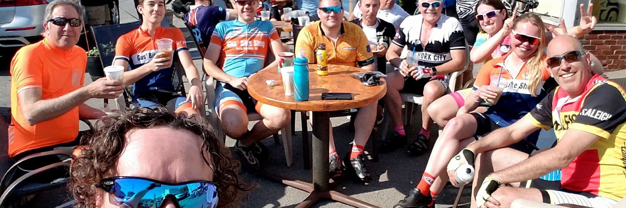 Gus' Saturday shop riders enjoying coffee from KB's 