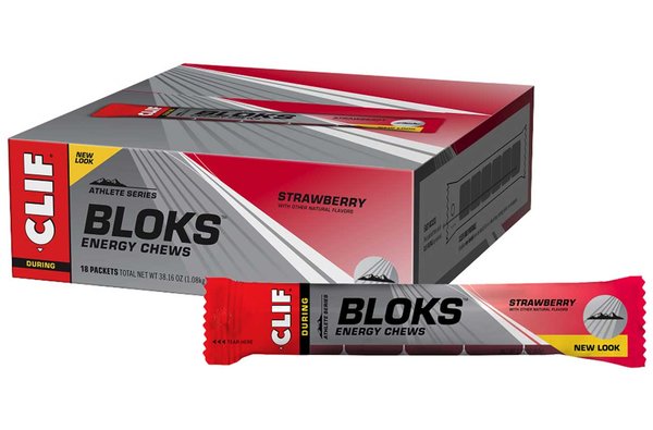 Clif Bloks Energy Chews - Strawberry - Box of 18 Packs (6 x 10g chews per pack)