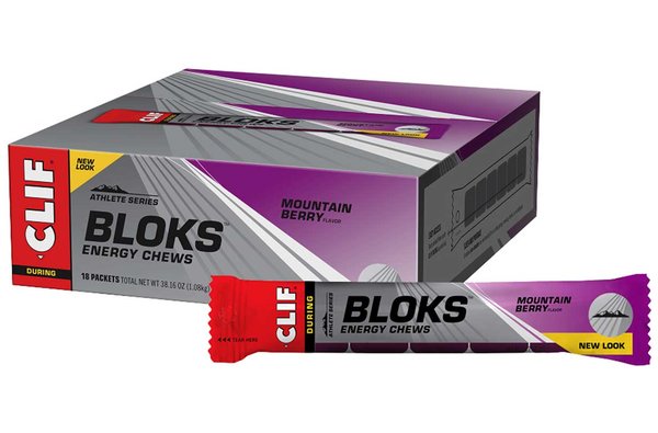 Clif Bloks Energy Chews - Mountain Berry - Box of 18 Packs (6 x 10g chews per pack)