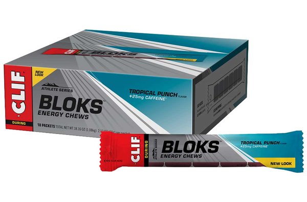 Clif Bloks Energy Chews - Tropical Punch - Box of 18 Packs (6 x 10g chews per pack) 