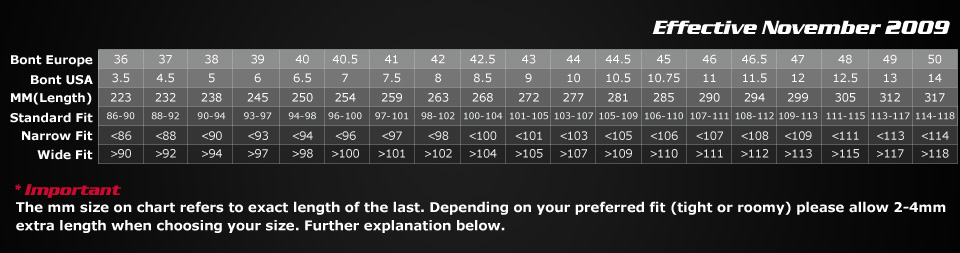 Bont Cycling Size Chart