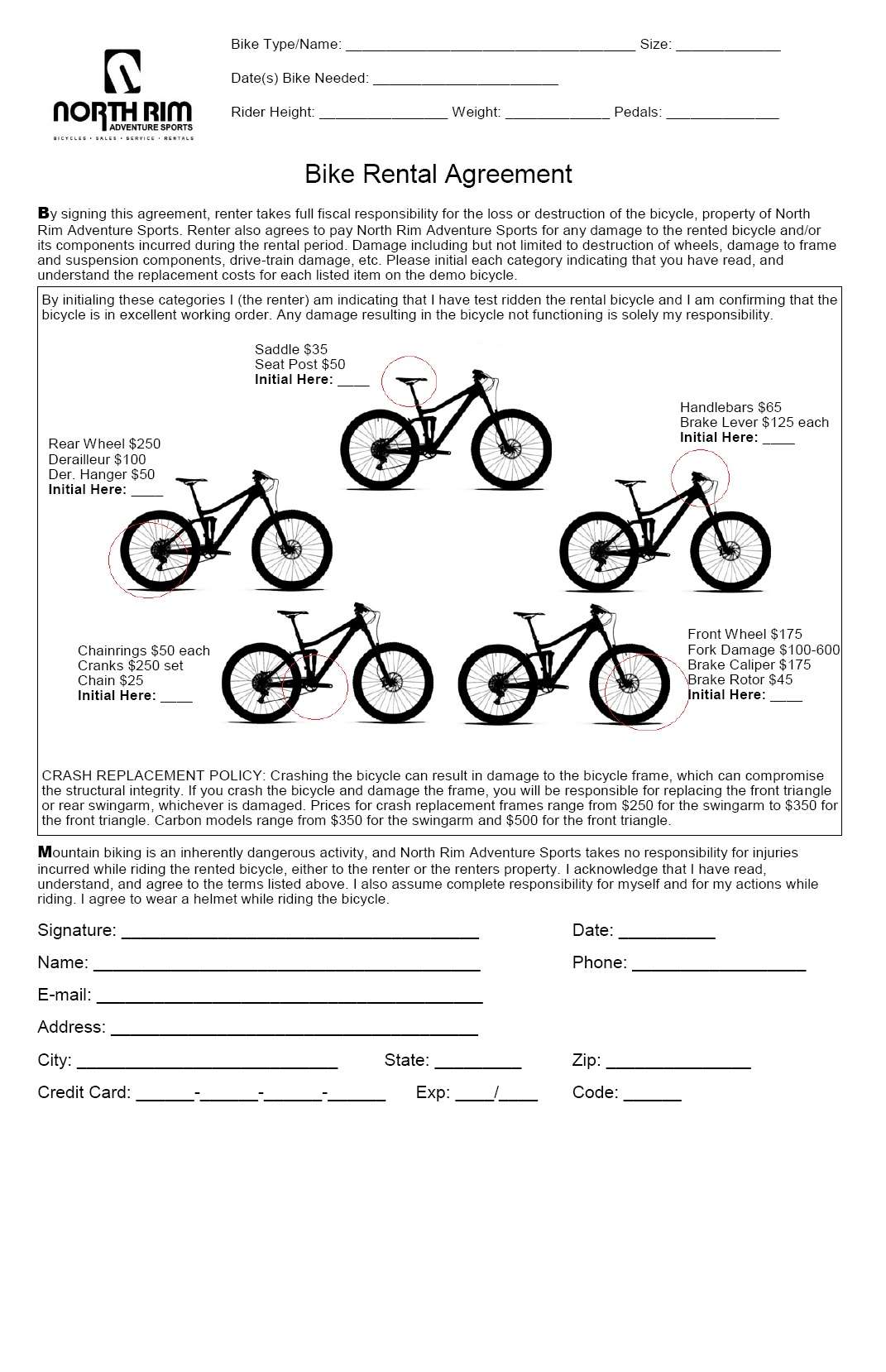 Rental Information - North Rim Adventure Sports Chico Ca Pertaining To bicycle rental agreement template