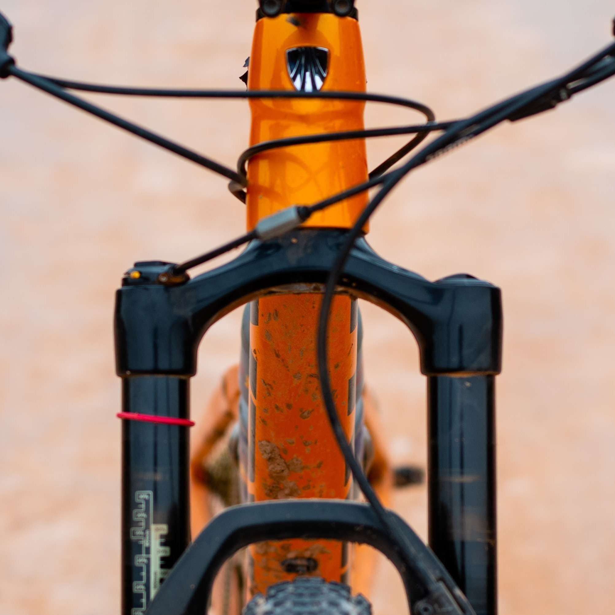Close up of a suspension mountain bike.