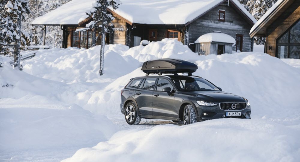 Thule cargo on top of car in snow