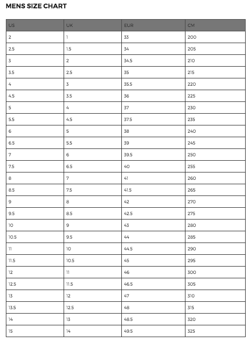 5 10 Size Chart