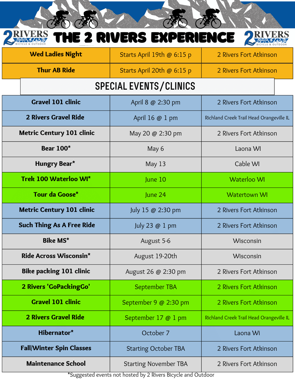 Class & Event Calendar - 2 Rivers Bicycle and Outdoor - Bicycle Shop - Fort Atkinson and Watertown Wisconsin Class & Event Calendar - 2 Rivers Bicycle and Outdoor - Bicycle Shop - Fort Atkinson and Watertown Wisconsin