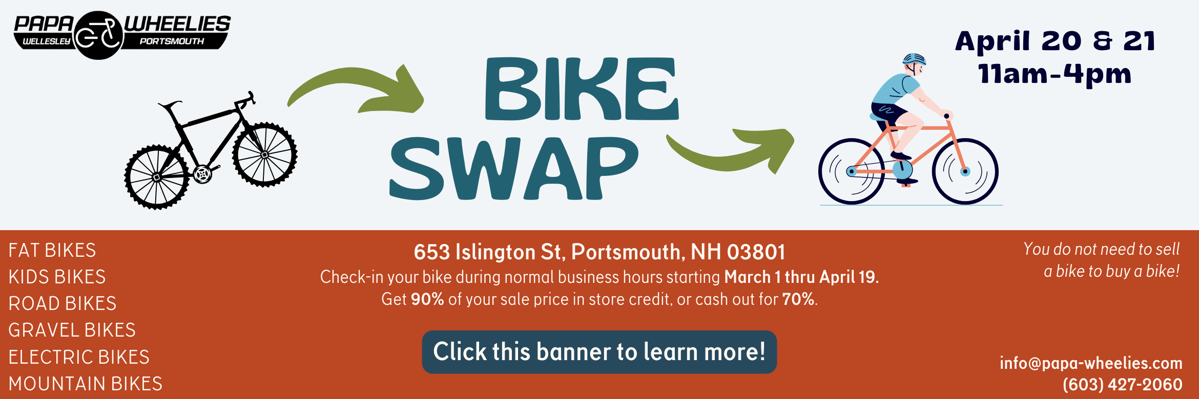 Bike Swap at Papa Wheelies Portsmouth, NH April 20-21st
