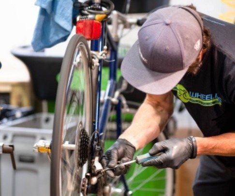 Bike Mechanic working on a bike image