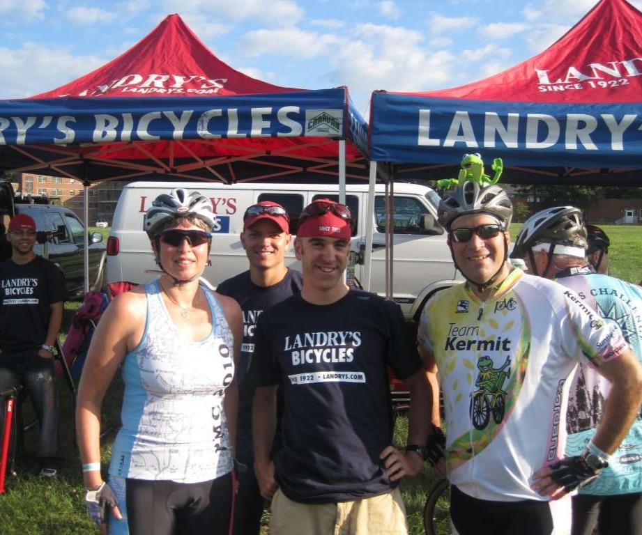 Landry's Support Team assists riders at the PMC's water stop in Wrentham. (Photo by Bruce Kalow.)
