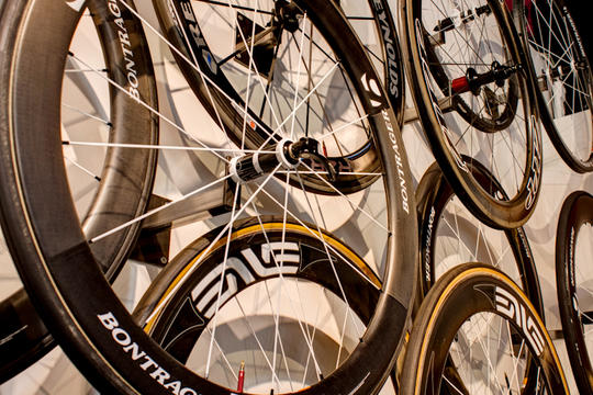 bike wheels on display