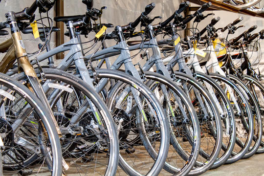 commuter bikes in display rack