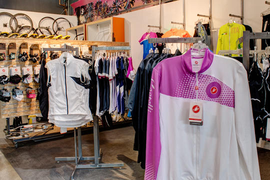 bike apparel on display rack
