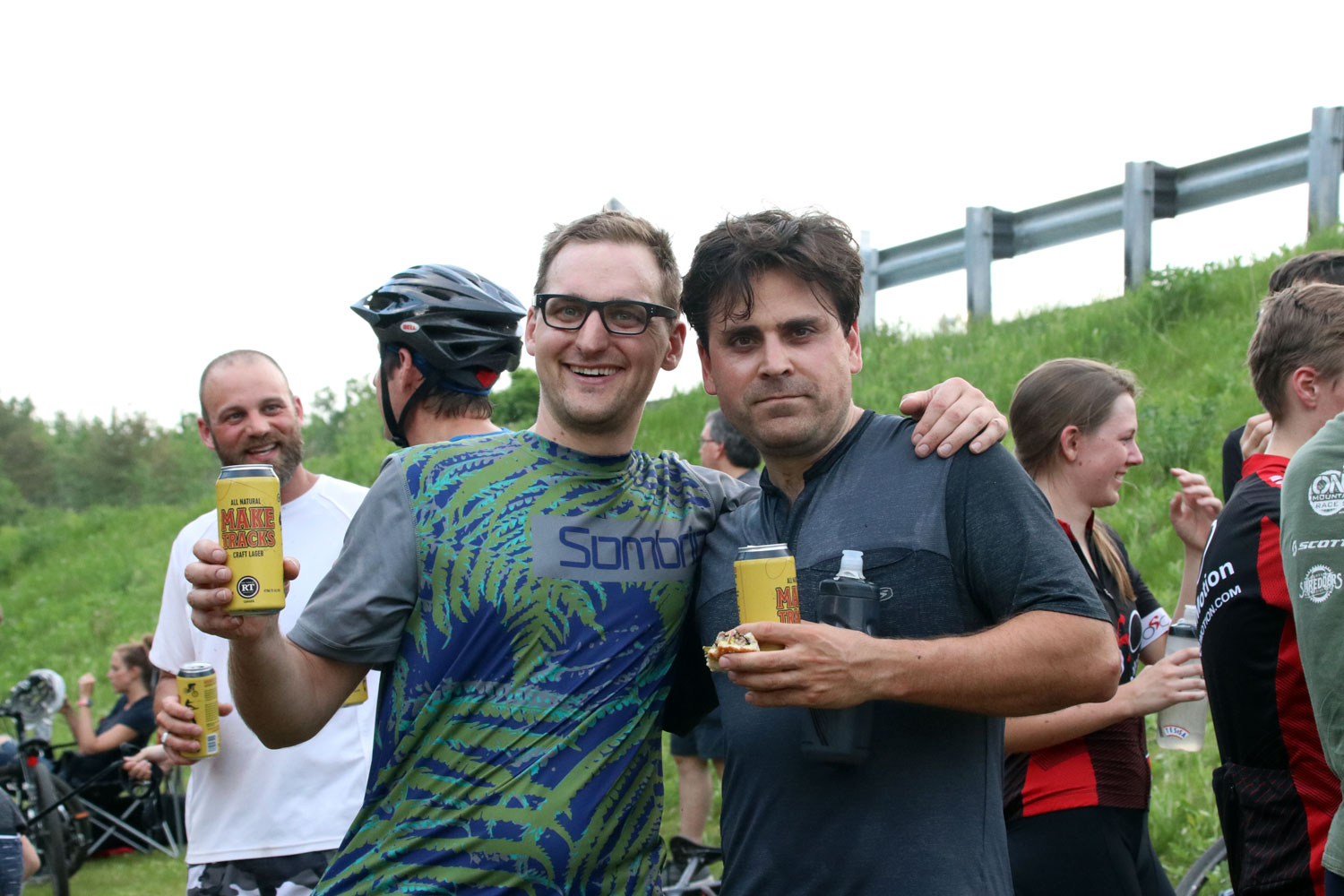 Dave Van Schie (left) - bridge builder extraordinaire - and Paul Boken enjoy a cold brew and burger after an epic race. Treats never taste better than when they are hard-earned! Thanks to Red Thread Brewing Co. for supporting our event!