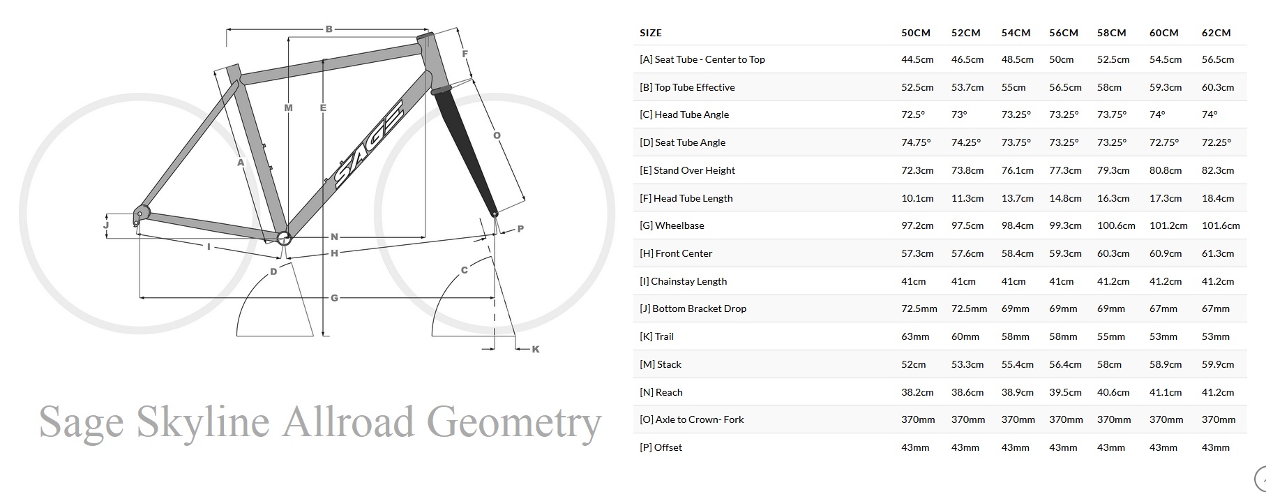 Sage Titanium Skyline Allroad Geometry Chart