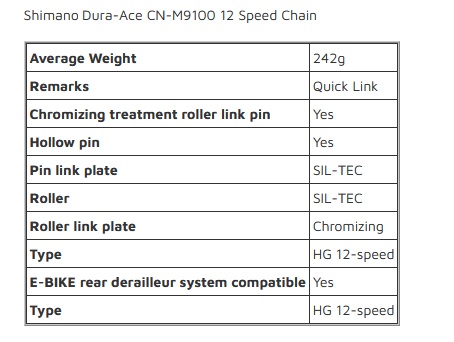 Shimano Dura-Ace CN-M9100 12 Speed Chain Specifications