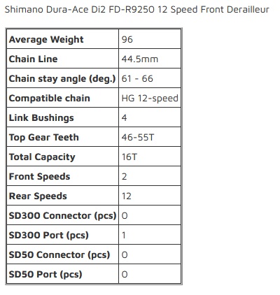 Shimano Dura-Aace Di2 FD-R9250 12 Speed Front Derailleur specifications