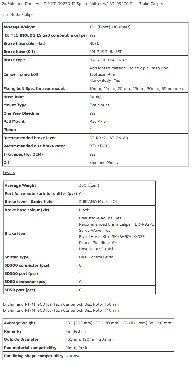 Shimano Dura-Ace Di2 ST-R9270 12 Speed Shifter 2 BR-9270 Disc Brake Calipers Specifications