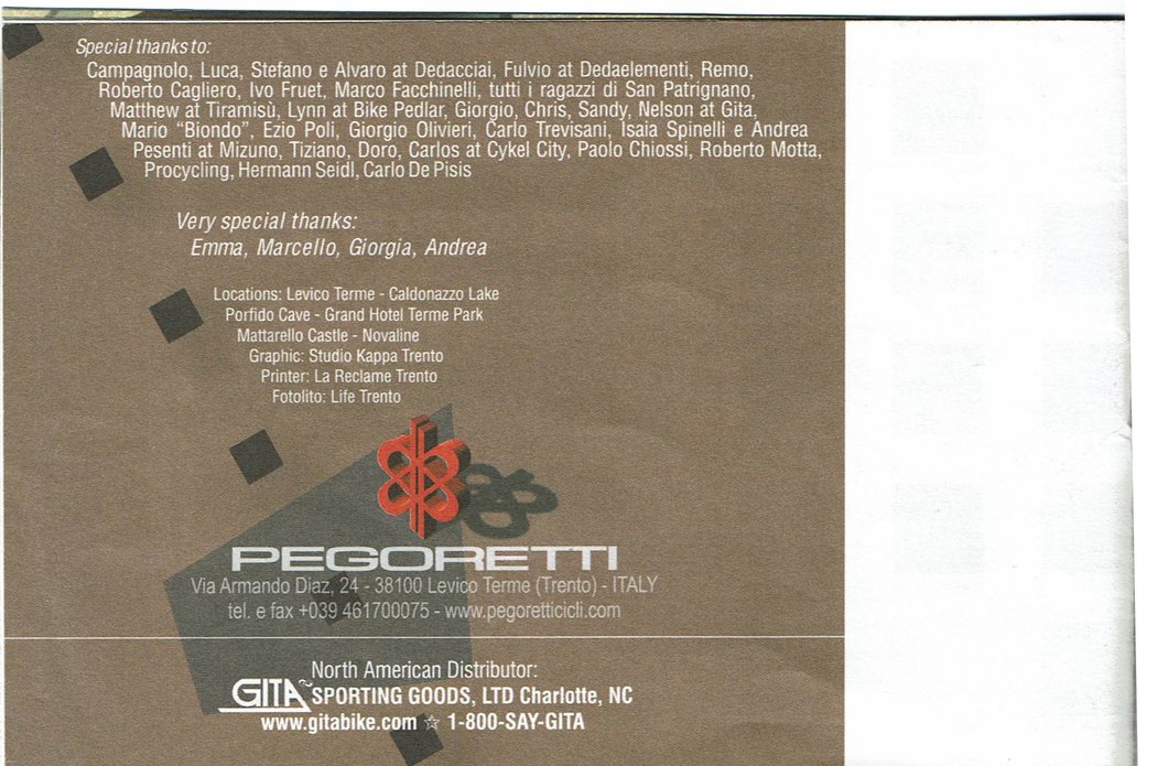 Back Cover page of the Pegoretti 2001 catalog