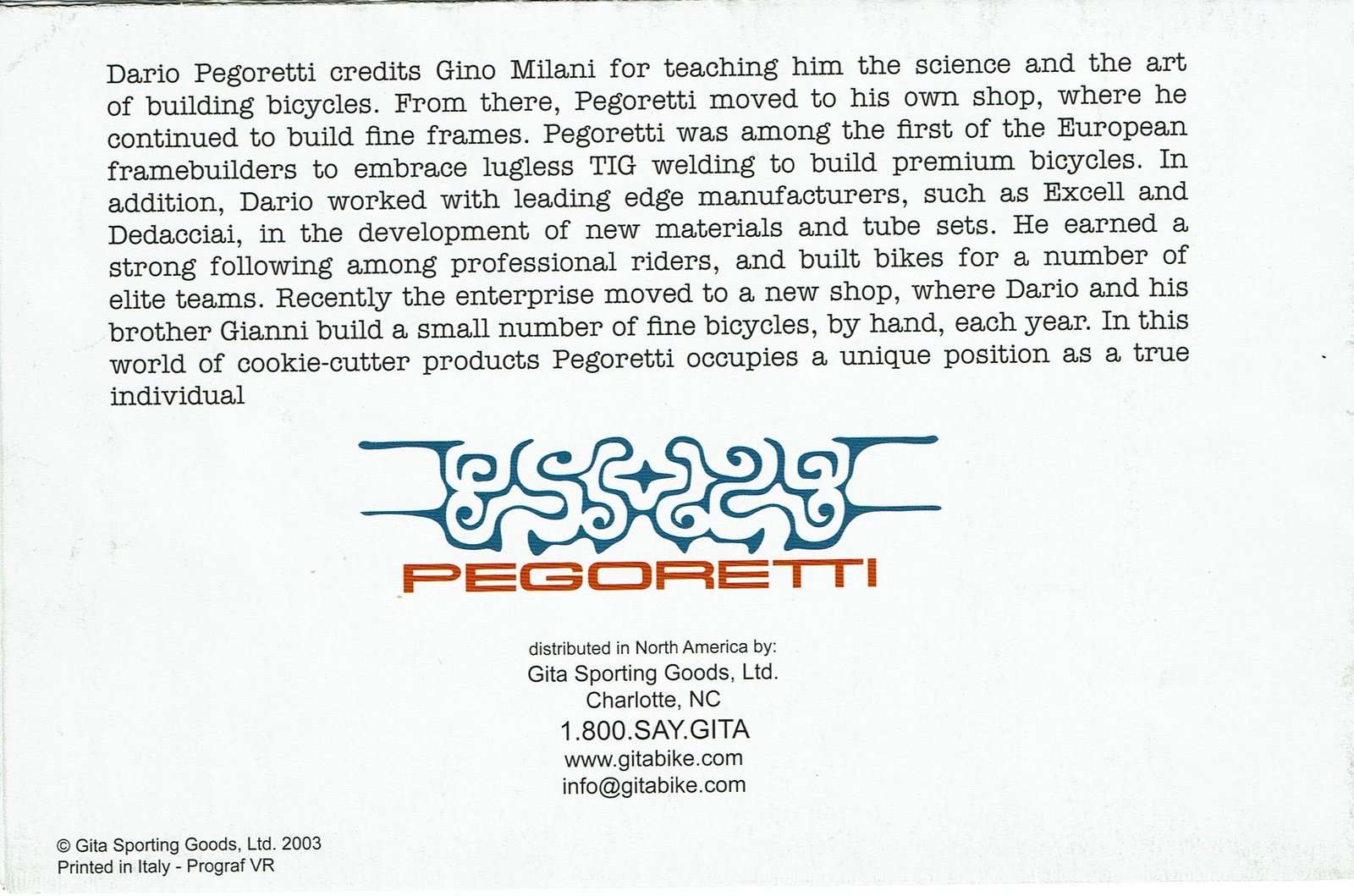 Back Cover from the 2004 Pegoretti catalog