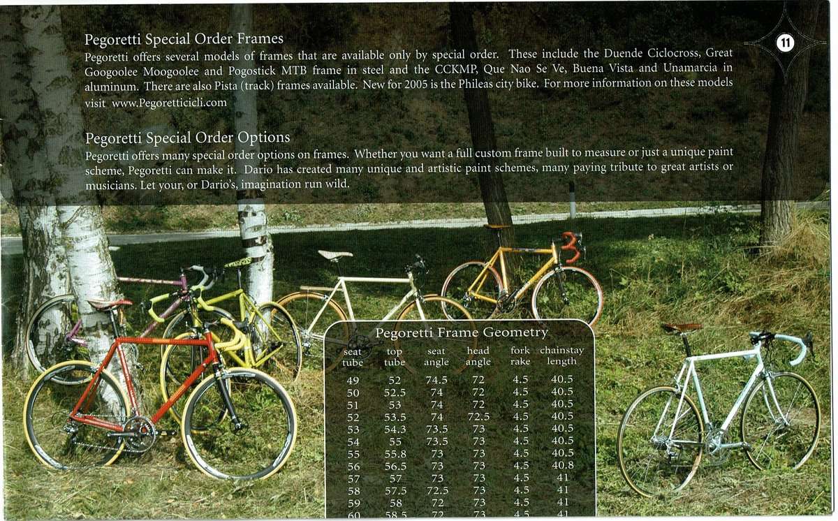 Page 11 of the Pegoretti 2005 catalog, Geometry Chart