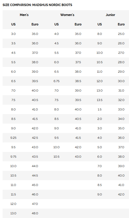 Madshus Boot Size Chart