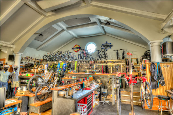 The interior of Webcyclery bike and ski shop inside an old church in Bend