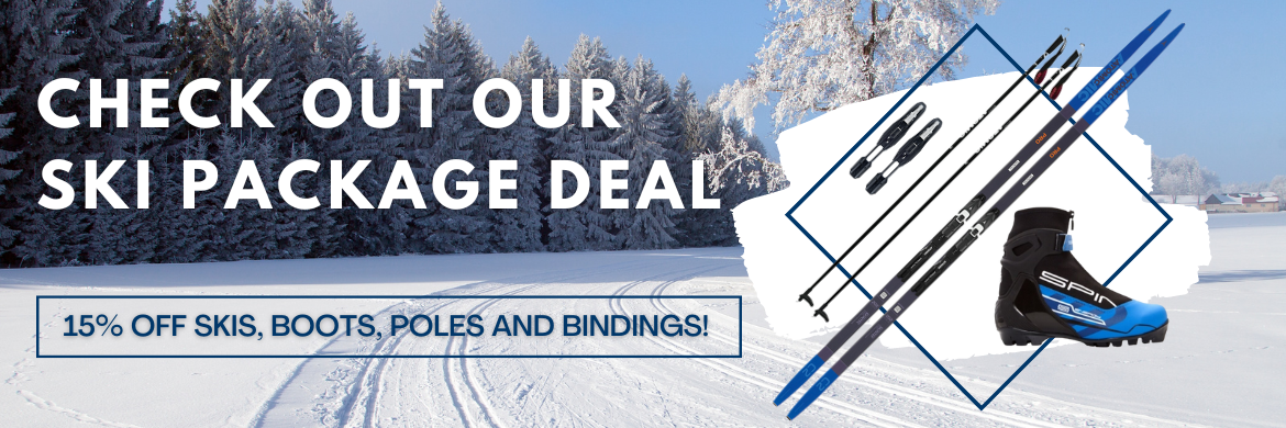 Check out our ski package deal, 15% off skis, boots, poles and bindings!