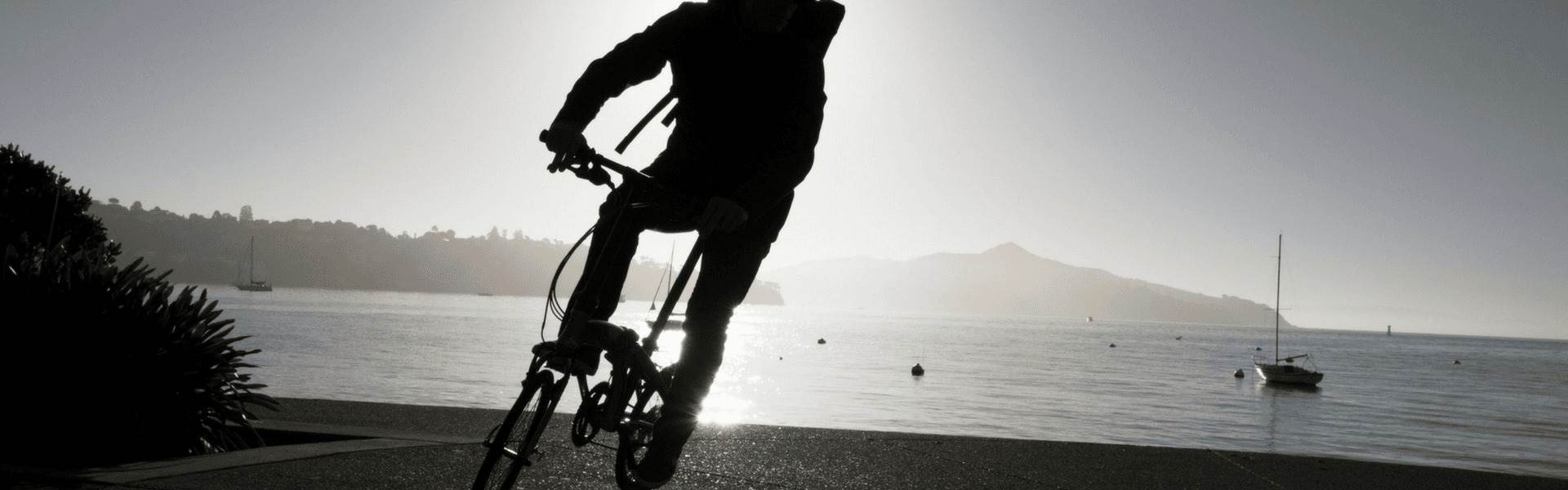 Person riding folding bike with water and sun behind them