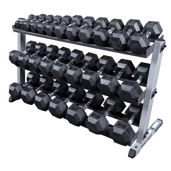 Body-Solid 5-70lbs. Rubber Hex Dumbbells w/ Rack