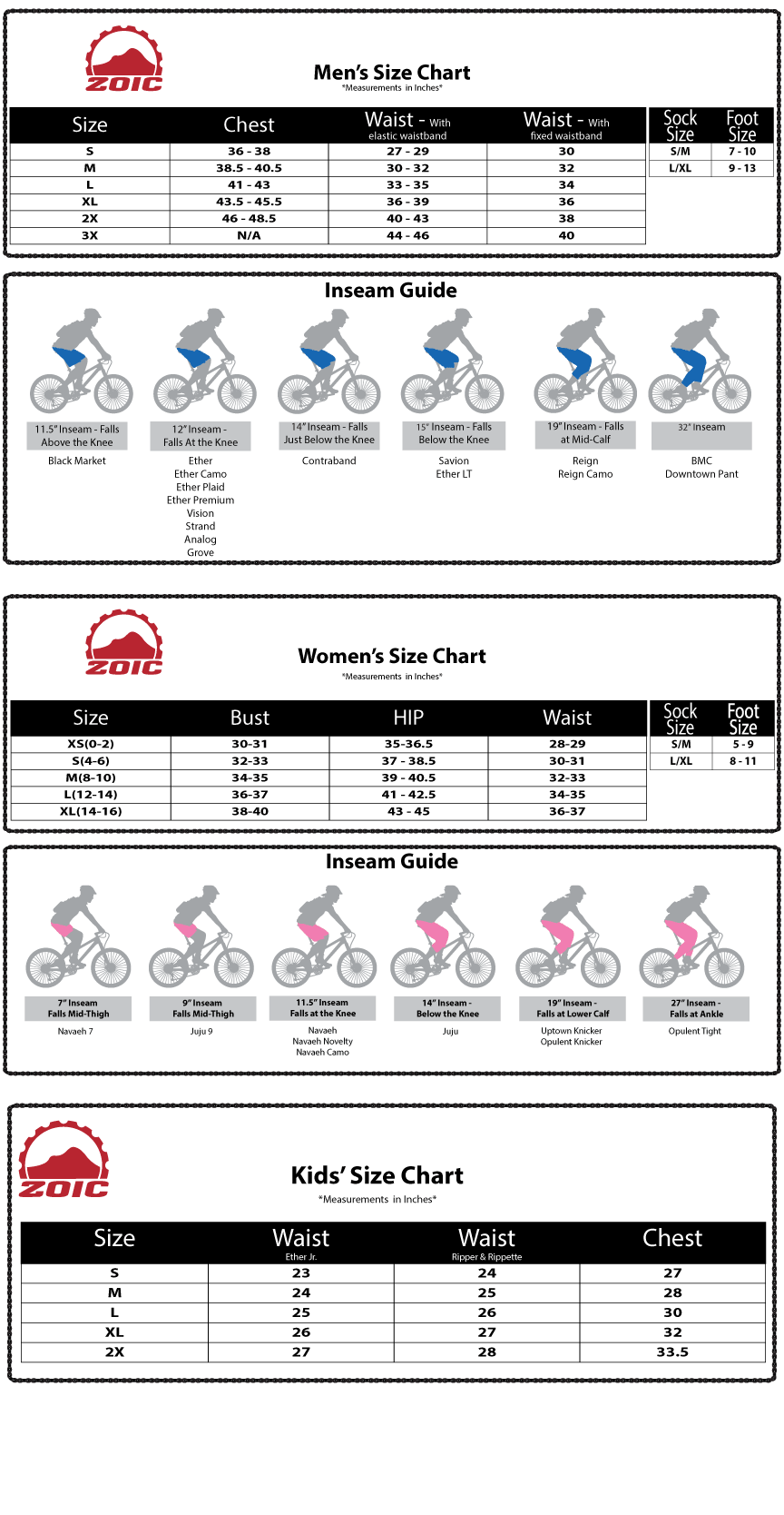 Zoic Ether Shorts Size Chart