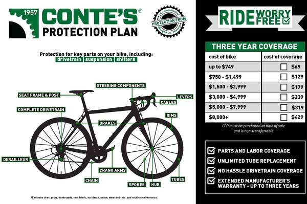 Conte's Bike Shop 3 Year New Bike Protection Plan - (Must be purchased with bike. Use retail price before any discounts for closeout or sale) 