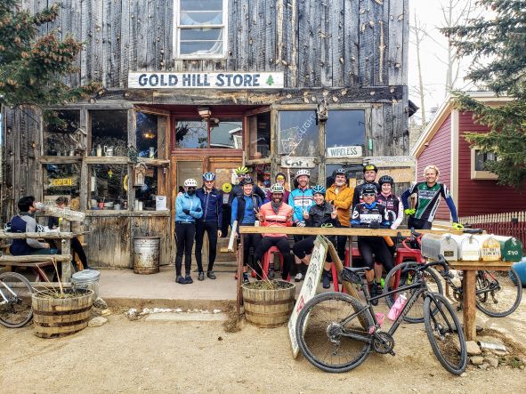 Riders enjoying Whitey's homemade pie and an espresso up in Gold Hill