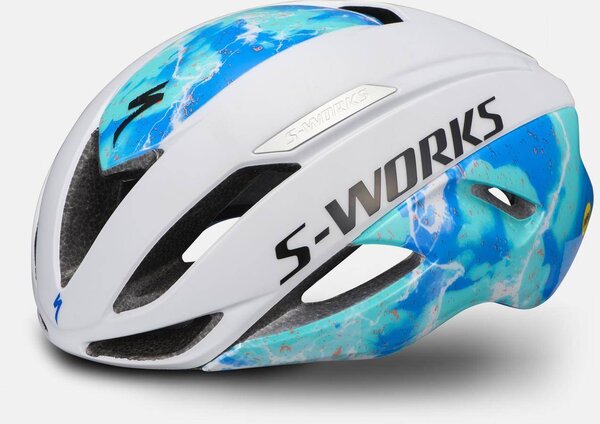 Specialized S-Works Evade II ANGi MIPS Helmet Color: Matte Dove Grey/Gloss Cobalt/Lagoon Blue/Coral