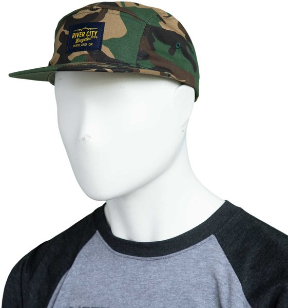 River City Bicycles 5 Panel Twill Hat, Woven Label - Camo 