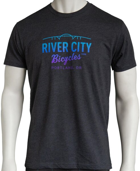River City Bicycles Bridge Logo Tee - Charcoal w/ Blue Fade 