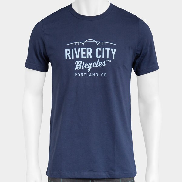 River City Bicycles Bridge Logo Tee - Navy w/ Light Blue