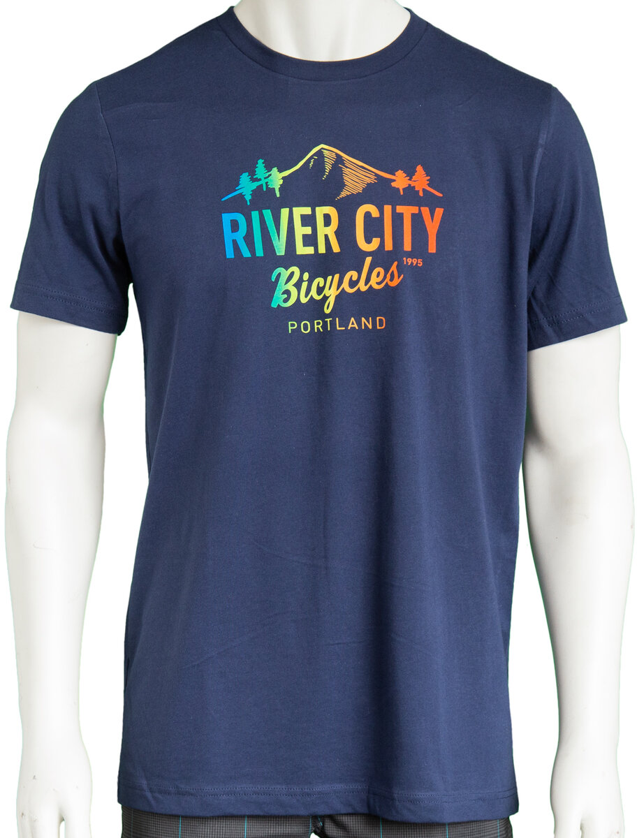 River City Bicycles Mountain Logo Tee Navy / Rainbow Portland Bike