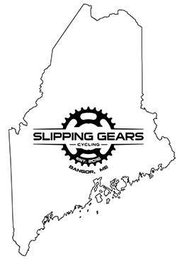 Image of Slipping Gears Cycling logo inside an image of the state of Maine 