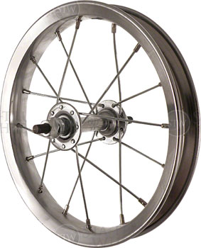 Sta-Tru STA TRU FRONT WHEEL; 12 INCH SILVER STEEL RIM WITH SOLID THREAD ON AXLE AND 20 SPOKES INCLUDES AXLE NUTS