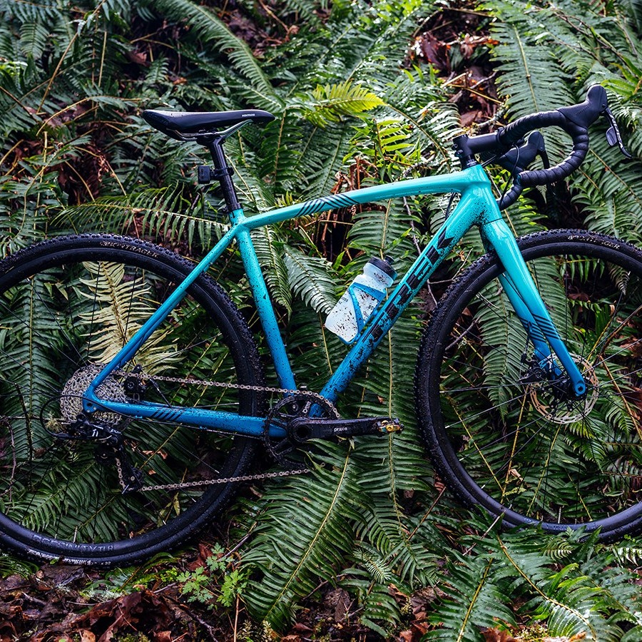 Trek Crockett leaning against green ferns