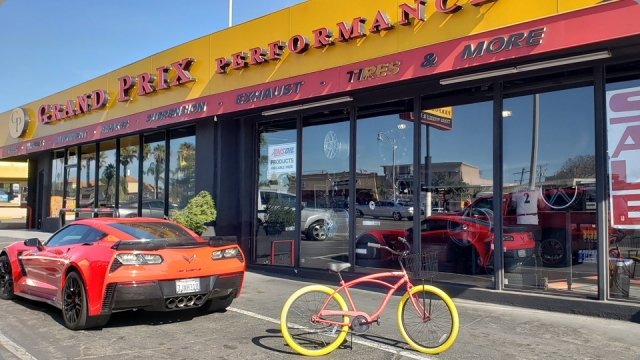 Custom orange cruiser bike with yellow tires