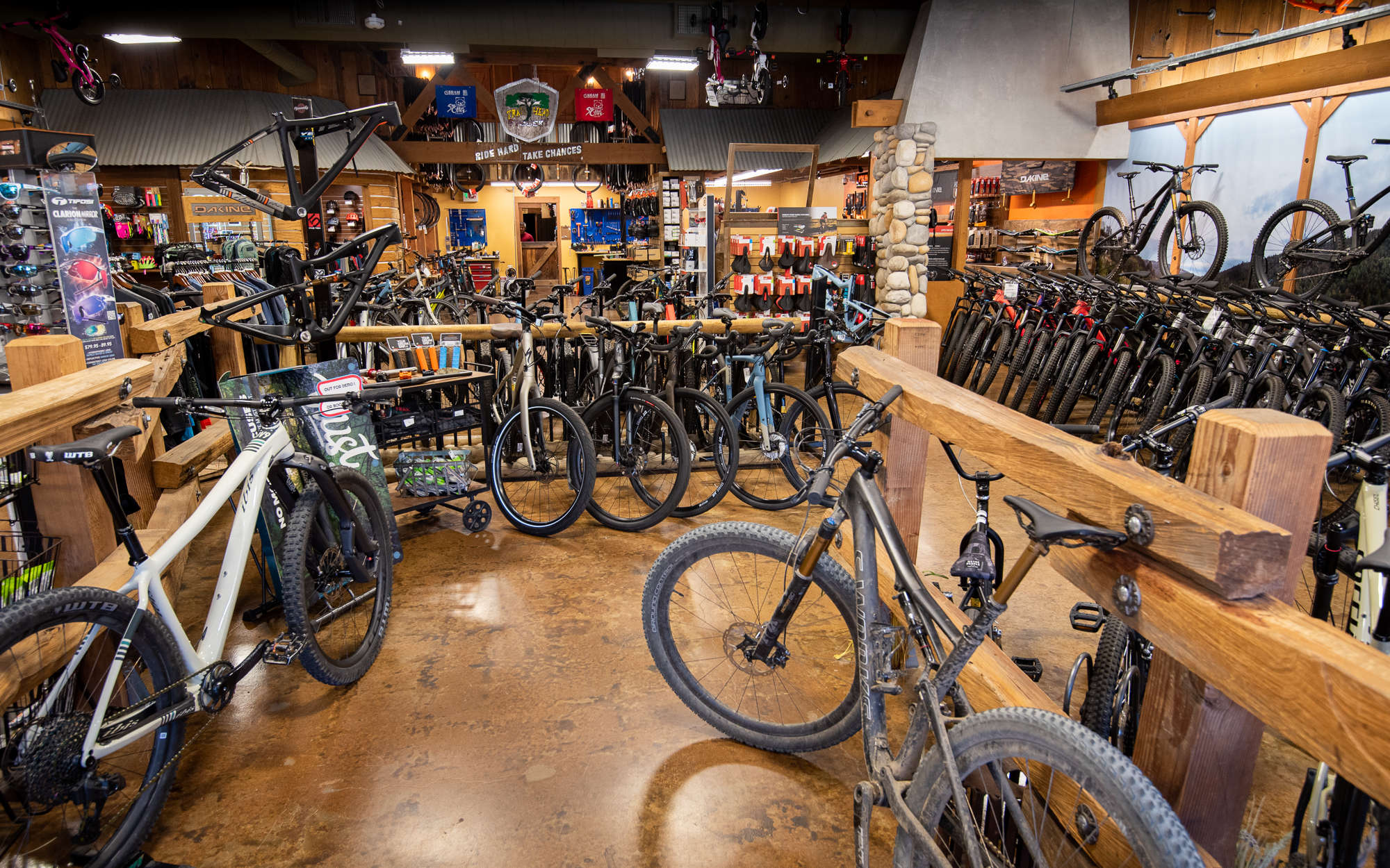 Interior of trail head cyclery with bikes