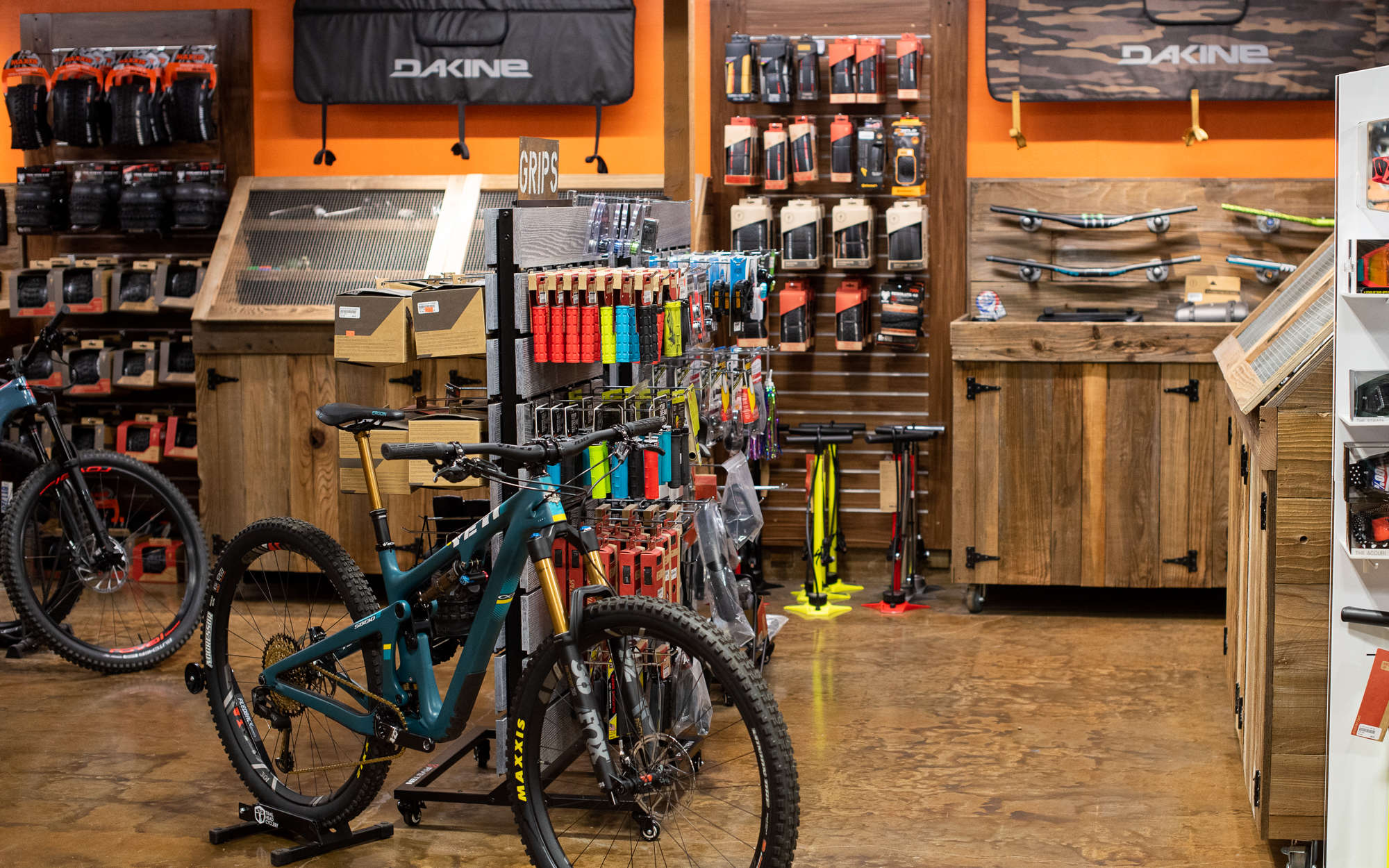 Inside of trail head cyclery with bikes and components