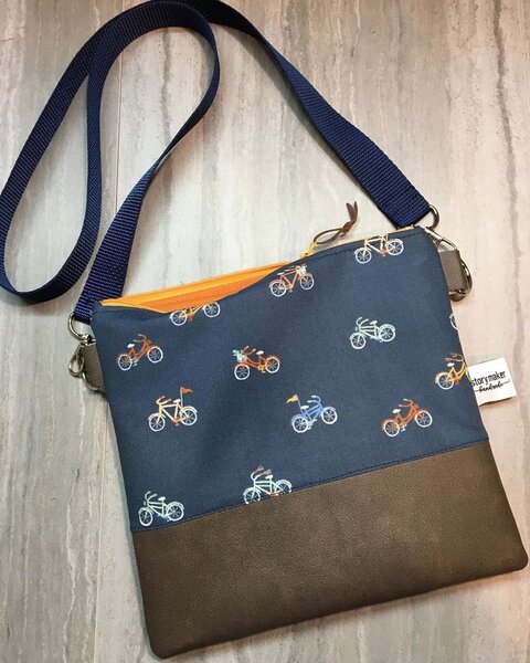 Story Maker Handmade Cross Body Bag - Navy Bicycle Print / Brown Faux Leather