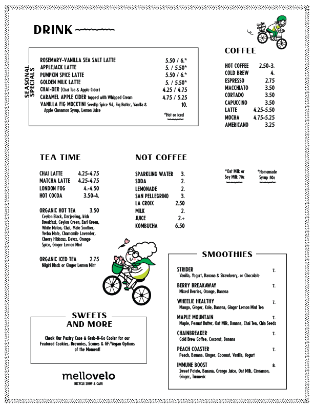 Cafe Menu Mello Velo Bicycle Shop & Cafe
