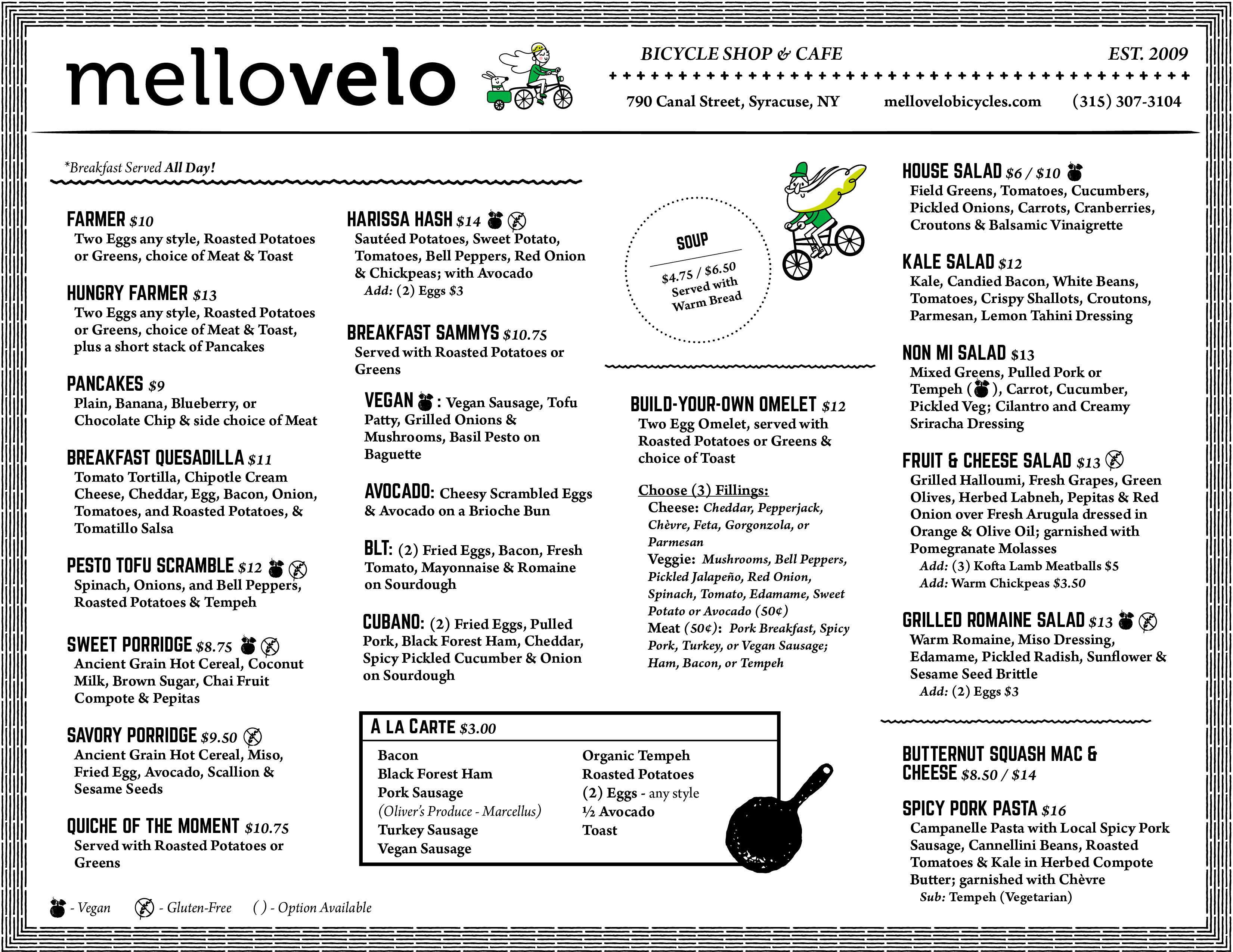 Cafe Menu Mello Velo Bicycle Shop & Cafe
